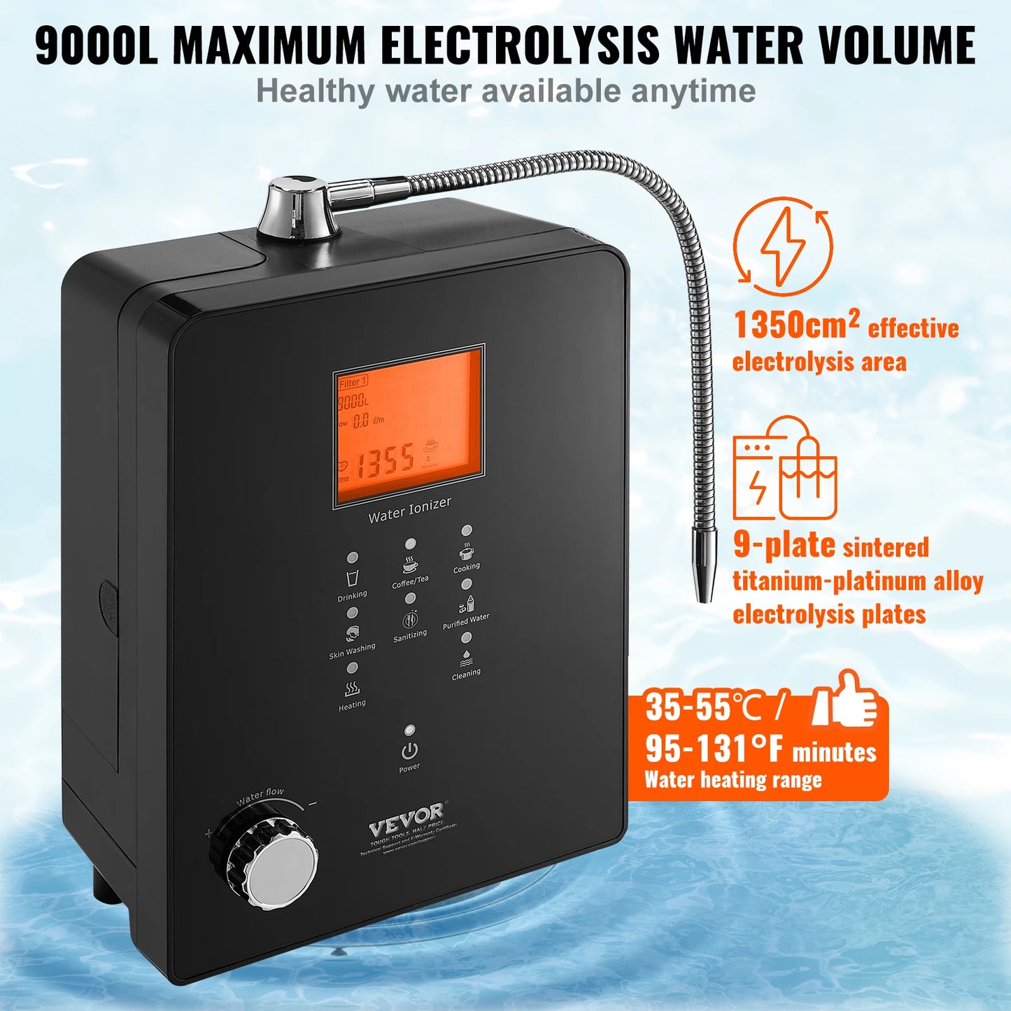 Ionizer Machine pH 3-11.2 Alkaline Acidic Hydrogen Water Purifier 6 Water Settings