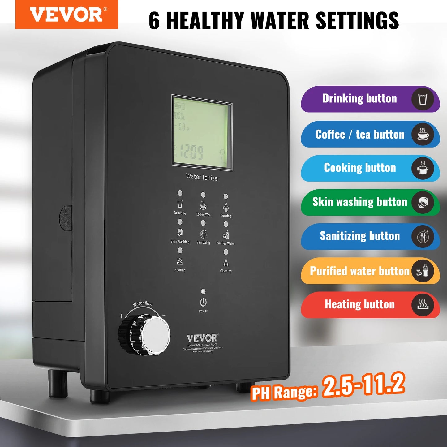 Ionizer Machine pH 3-11.2 Alkaline Acidic Hydrogen Water Purifier 6 Water Settings