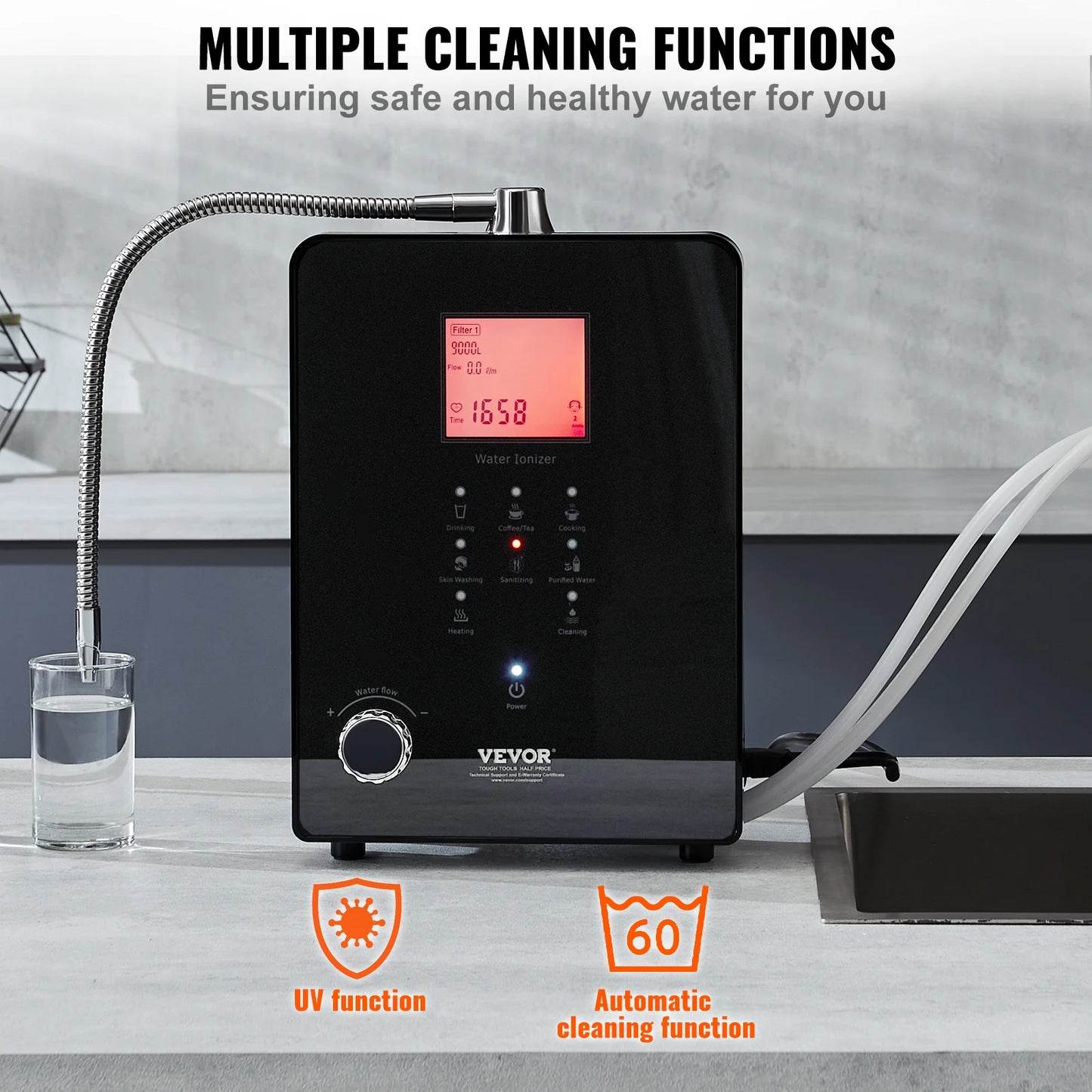 Ionizer Machine pH 3-11.2 Alkaline Acidic Hydrogen Water Purifier 6 Water Settings