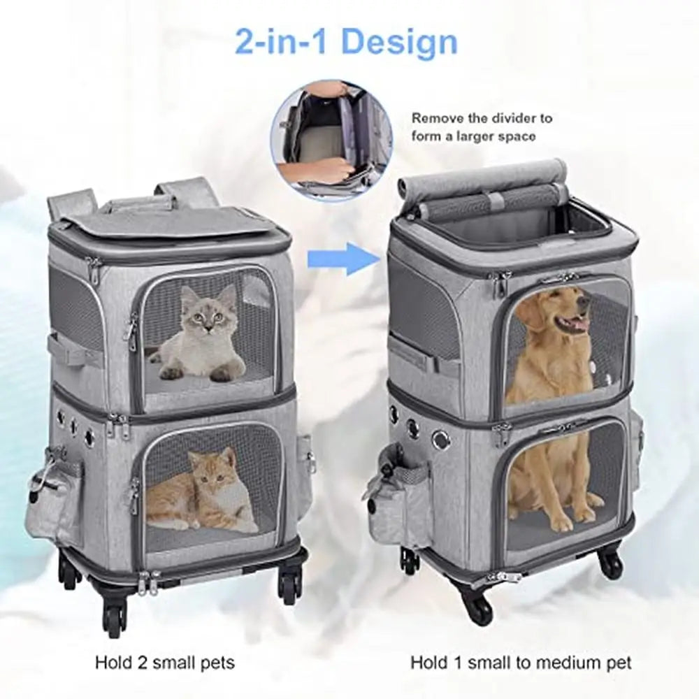 Double-Compartment Pet Carrier Backpack with Wheels